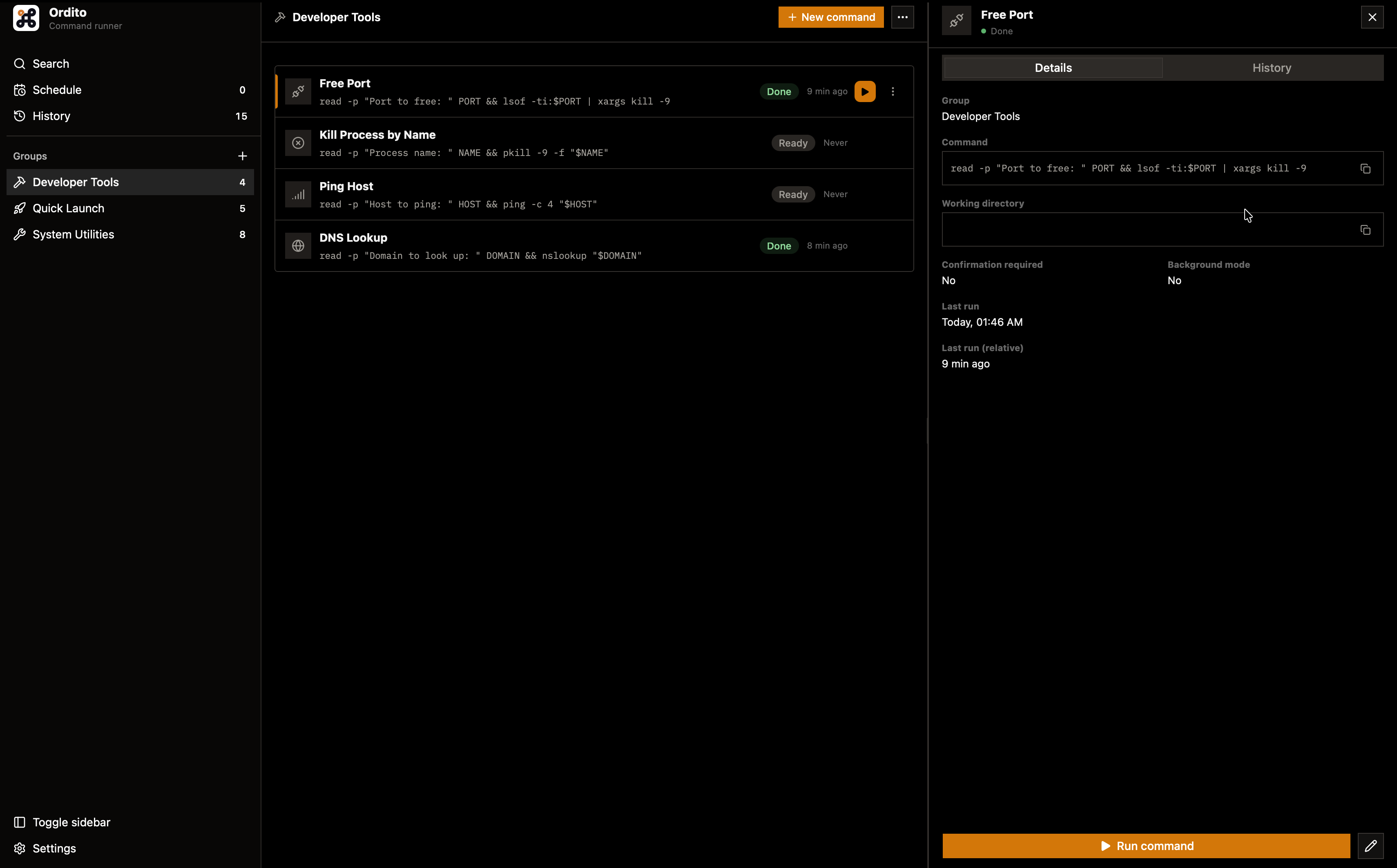 Ordito commands view